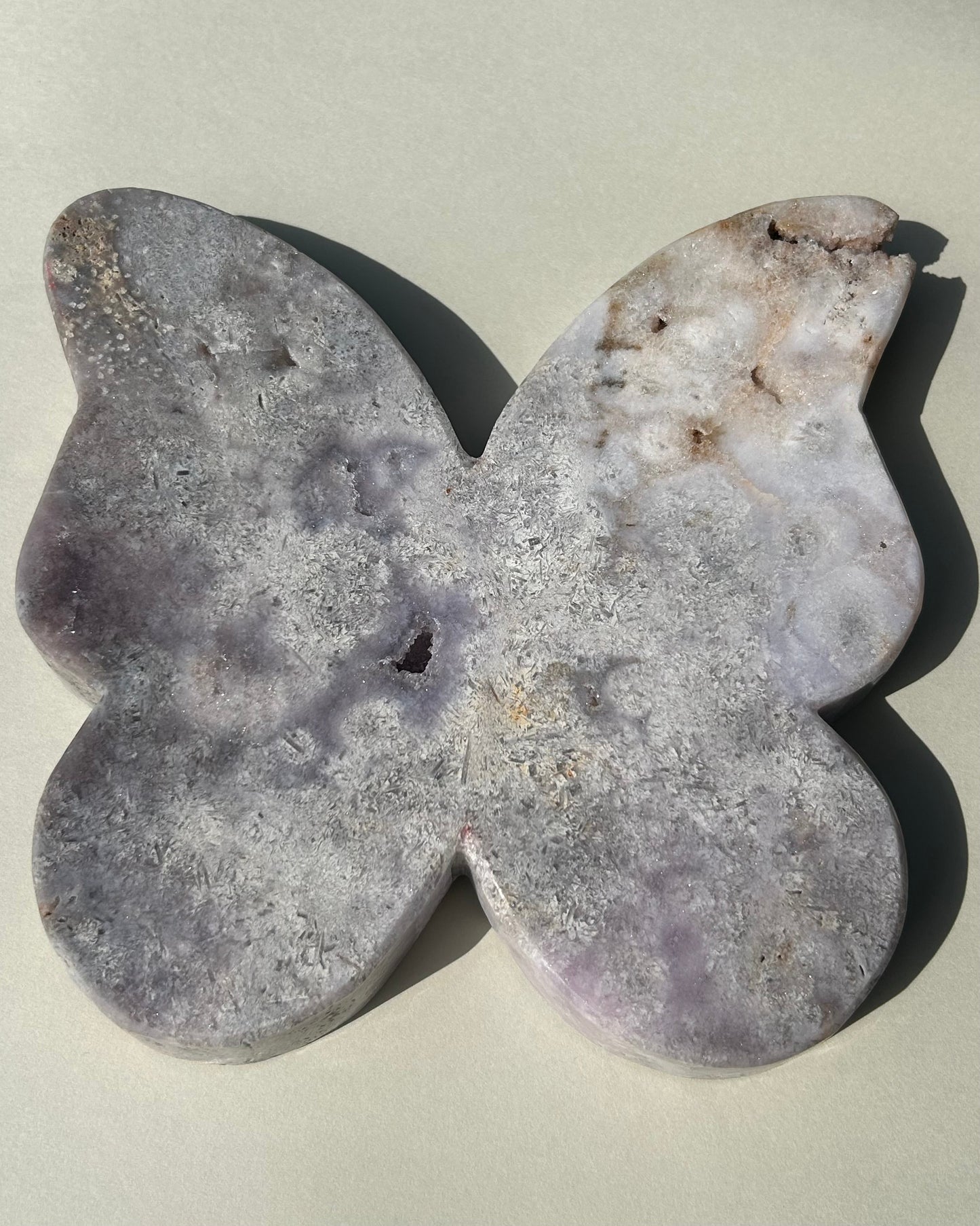 Druzy Pink Amethyst with Flower Agate Butterfly Carving
