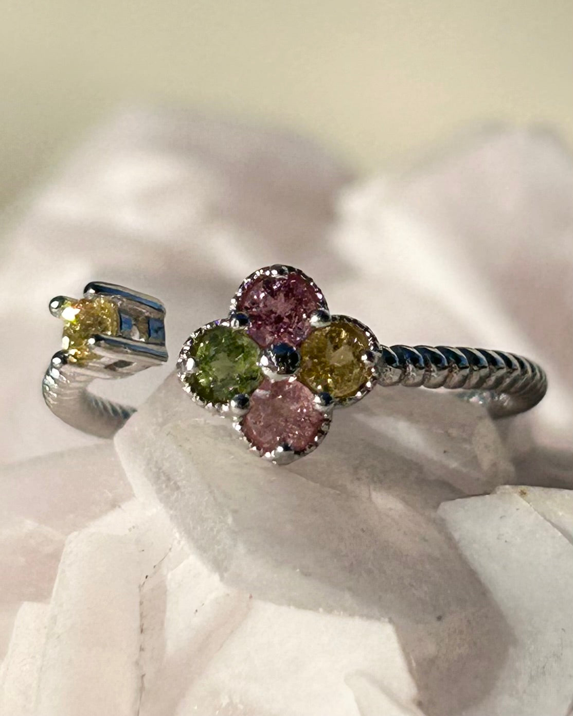 Old Mine Rainbow Tourmaline Clover Ring