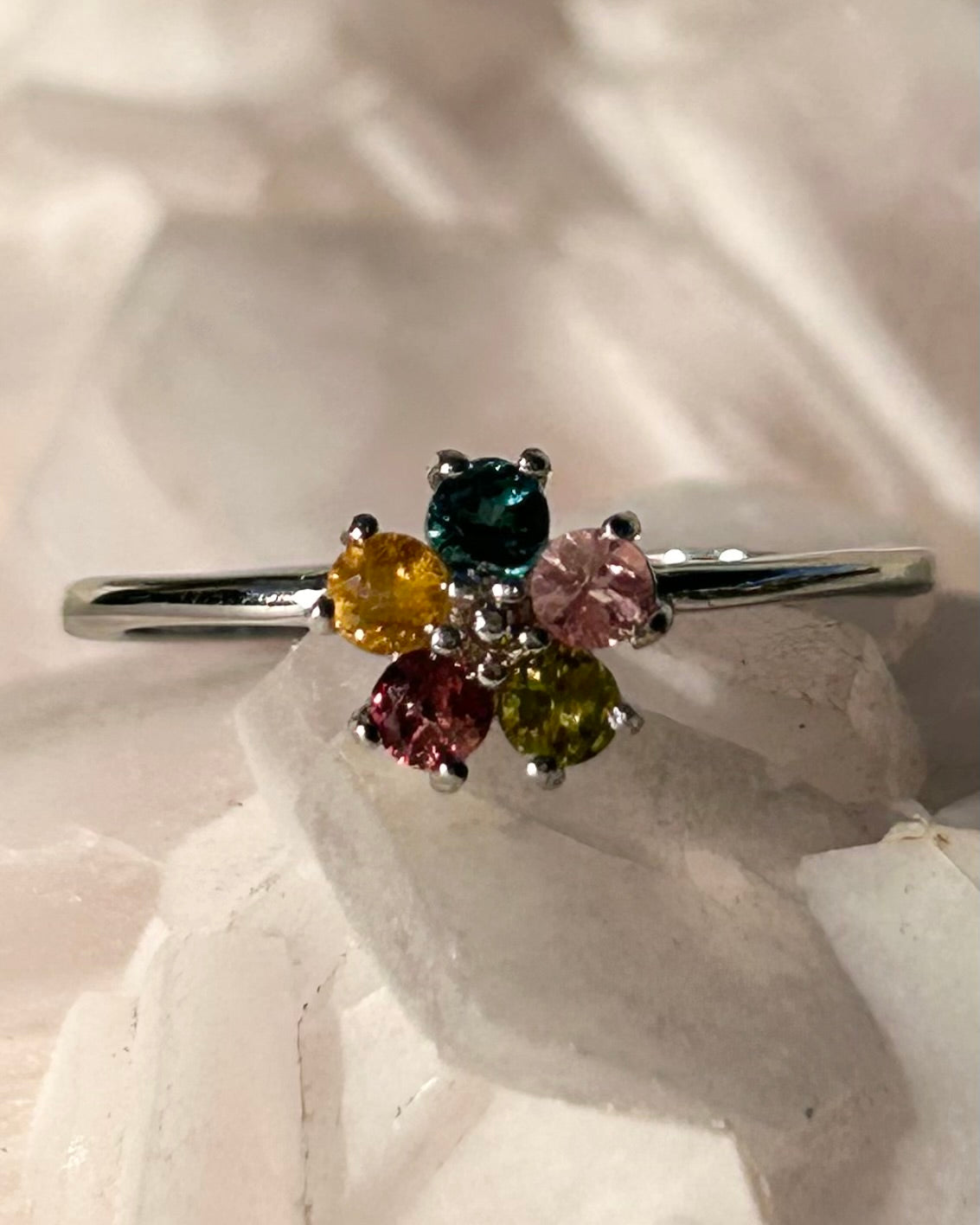 Old Mine Rainbow Tourmaline Flower Ring