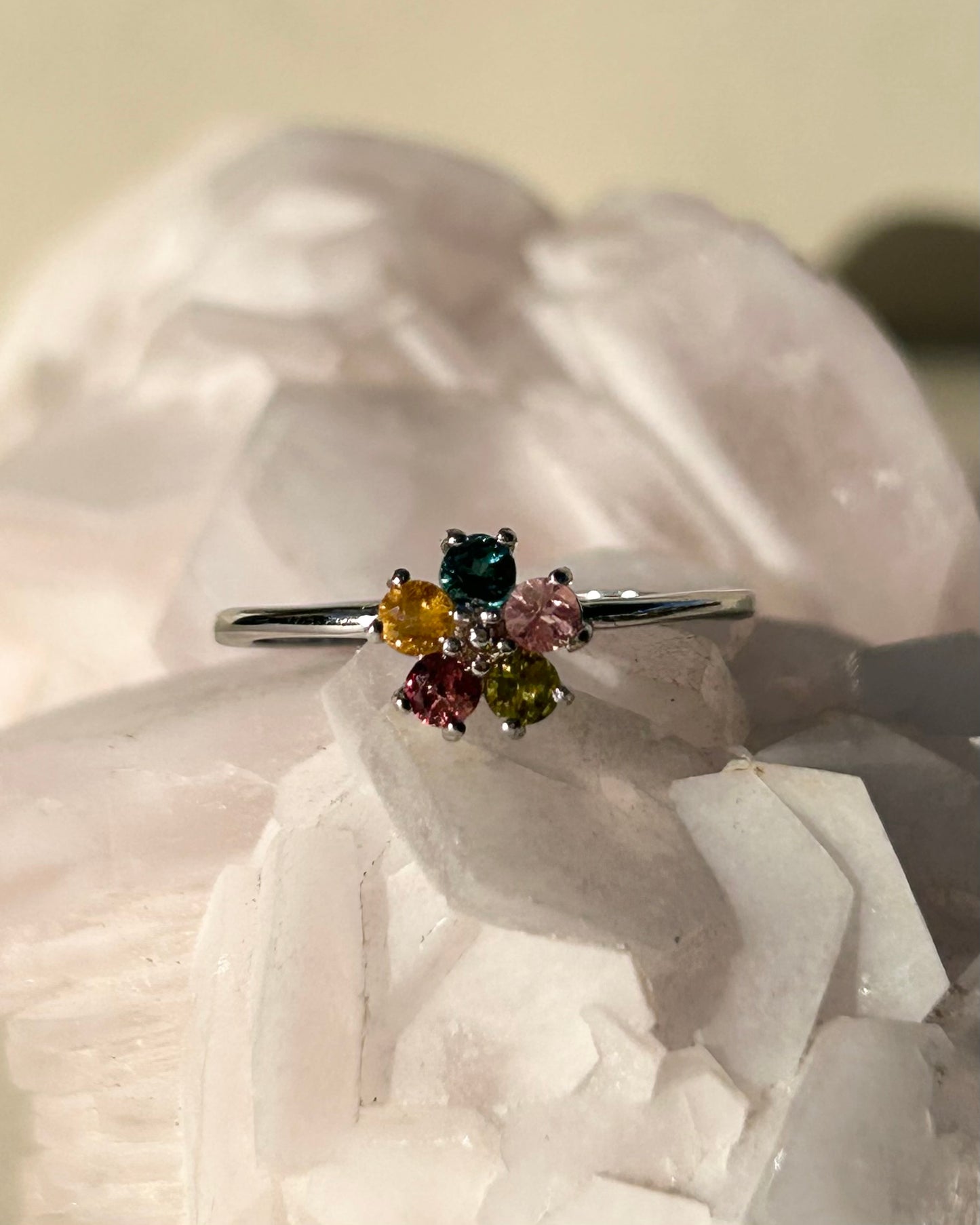Old Mine Rainbow Tourmaline Flower Ring