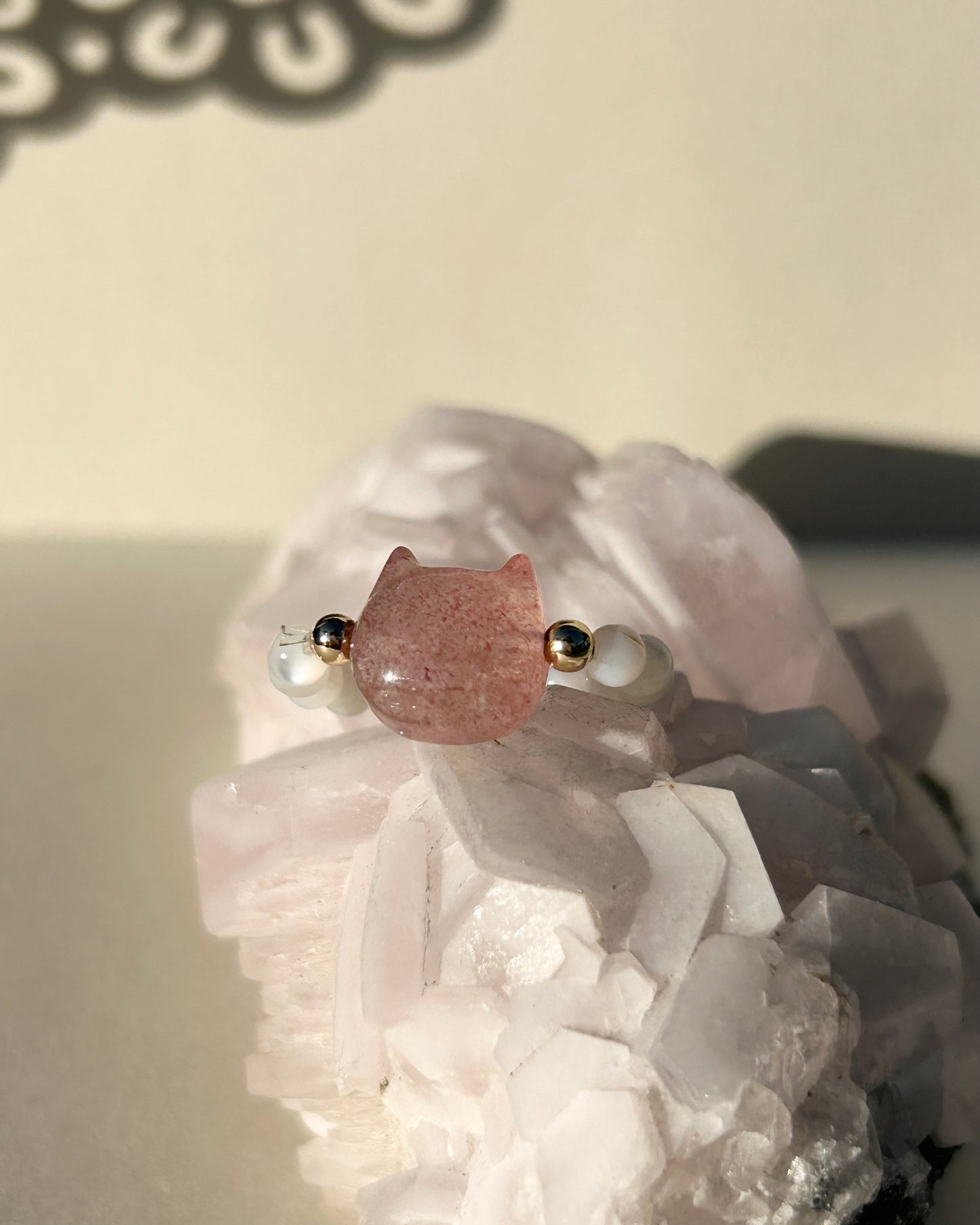 Mother of Pearl and Strawberry Quartz Cat Ring
