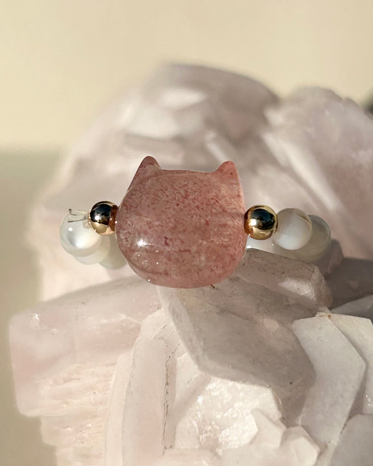 Mother of Pearl and Strawberry Quartz Cat Ring