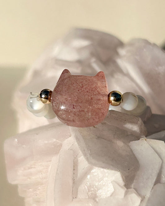 Moonstone and Strawberry Quartz Cat Ring